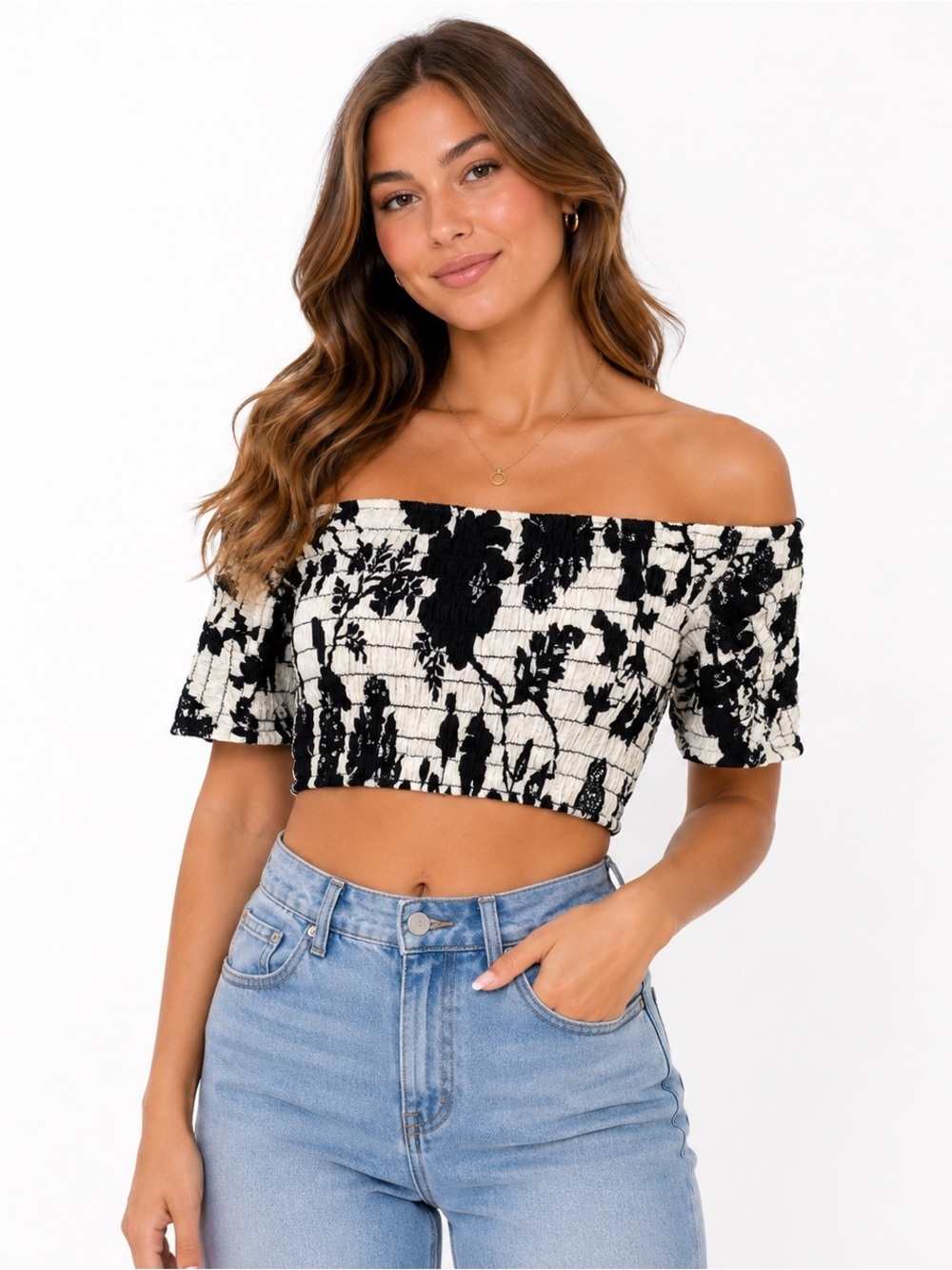 MISA Las Angeles Floral Off The Shoulder Crop Top Black & White